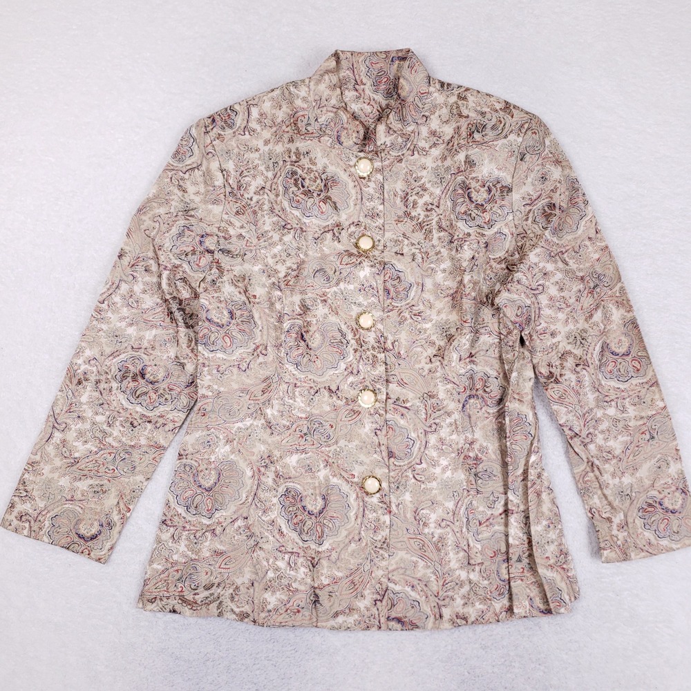 Vintage Tapestry Jacket Womens Paisley Brocade Mandarin Collar Beige Blazer